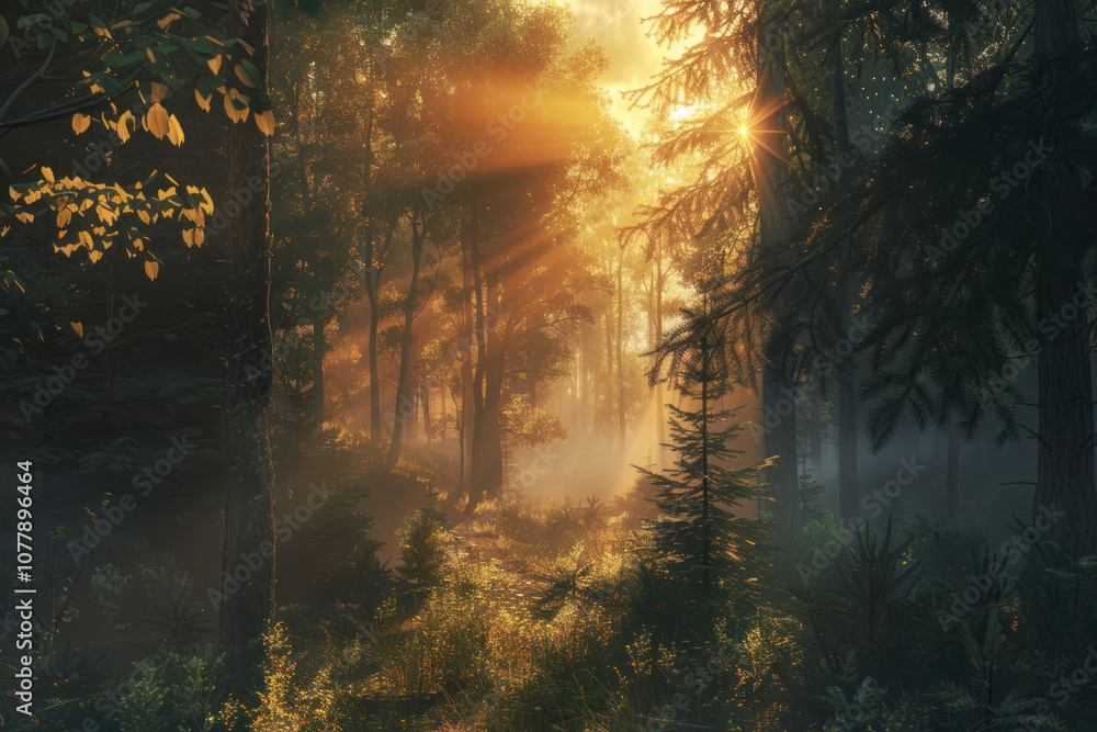 A stunning sunset in a forested landscape, with the sun casting soft light through the trees and creating a serene atmosphere. A stunning sunset in a forested landscape, with the sun casting soft light through the trees and creating a serene atmosphere.