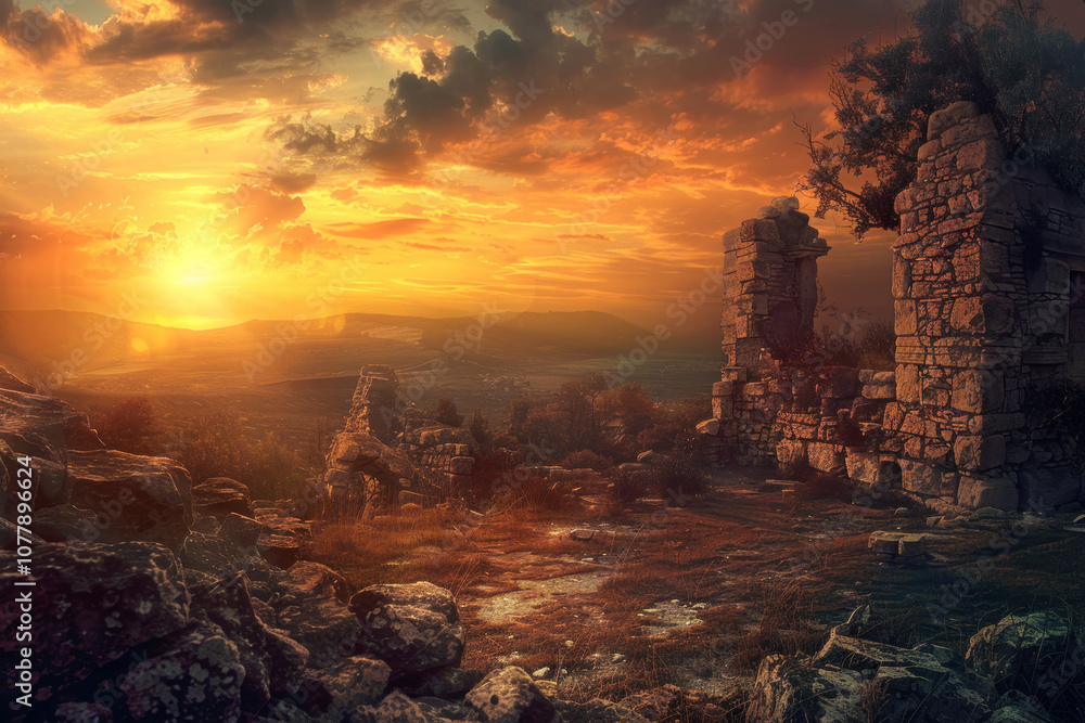 A stunning sunset over ancient ruins, with the last rays of light creating long shadows and highlighting the beauty of the past. A stunning sunset over ancient ruins, with the last rays of light creating long shadows and highlighting the beauty of the past.