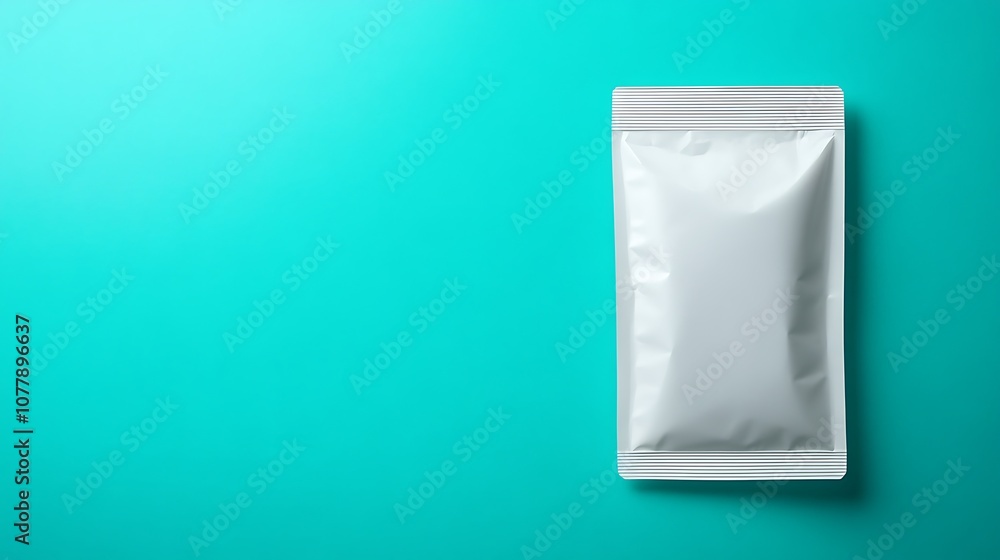 Horizontal white pouch on turquoise background Horizontal white pouch on turquoise background