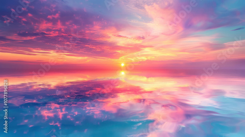 A stunning sunset reflected perfectly on the surface of a calm lake, creating a mirror-like scene of vibrant colors.