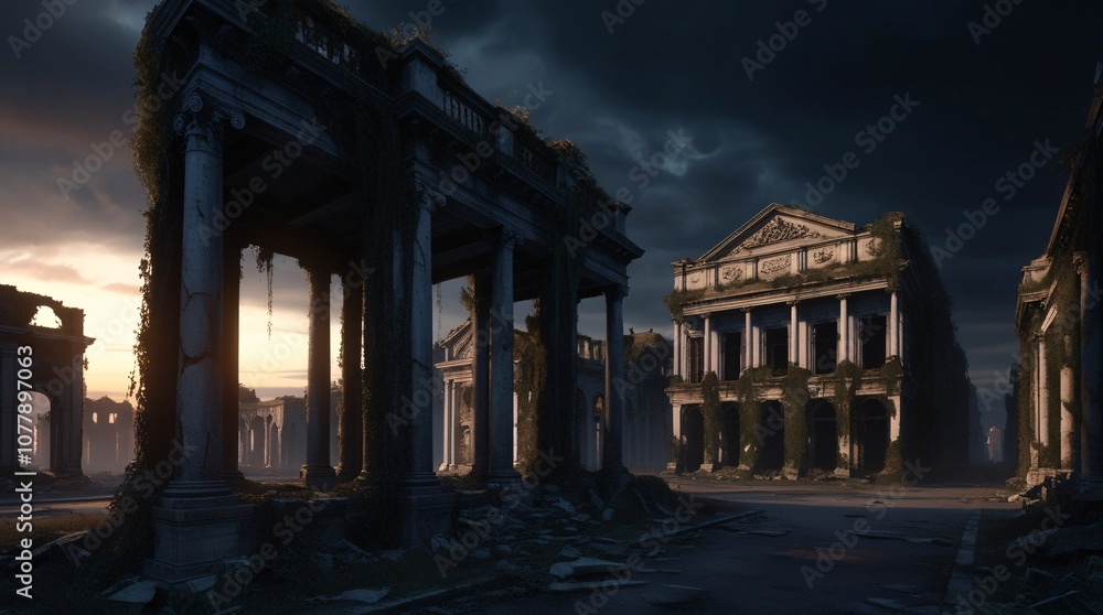 Obraz premium An eerie, abandoned cityscape at dusk, with crumbling ruins of once-majestic buildings, overgrown with vines and moss