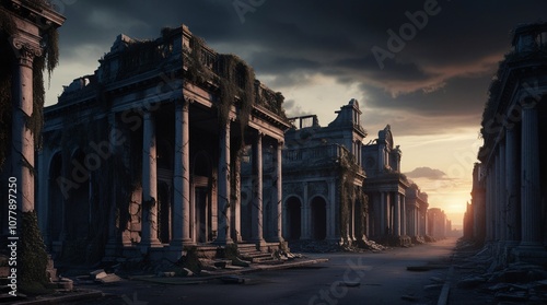 An eerie, abandoned cityscape at dusk, with crumbling ruins of once-majestic buildings, overgrown with vines and moss