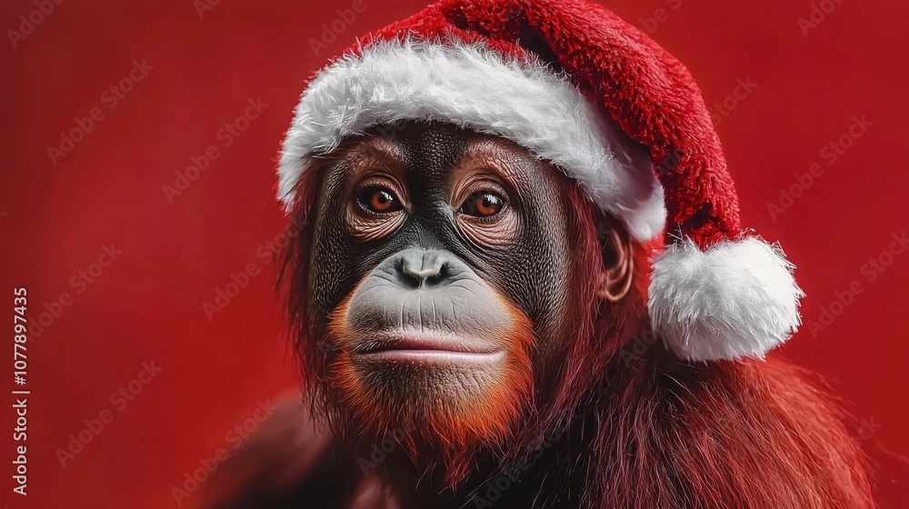 Orangutan dons trendy accessories and a santa hat for a festive photo shoot Orangutan dons trendy accessories and a santa hat for a festive photo shoot