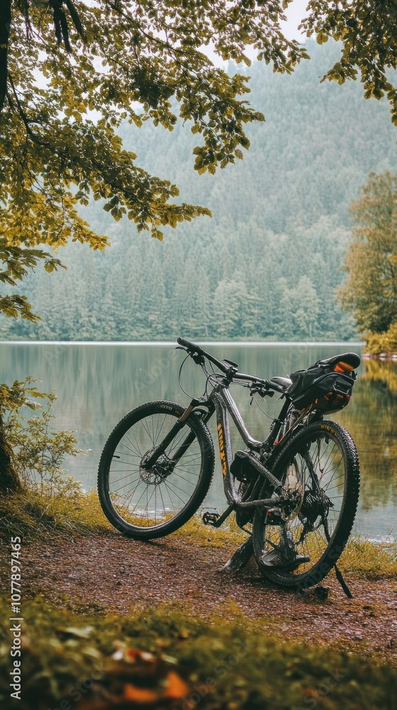 Fototapeta premium A mountain bike rests by a serene lake, surrounded by lush greenery and misty mountains.