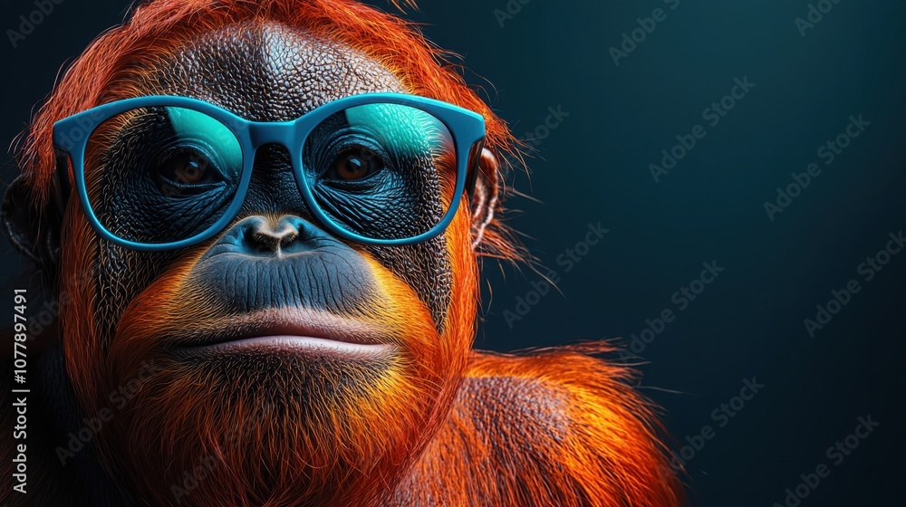 Orangutan struts with stylish sunglasses against a solid background for a fun and playful vibe Orangutan struts with stylish sunglasses against a solid background for a fun and playful vibe