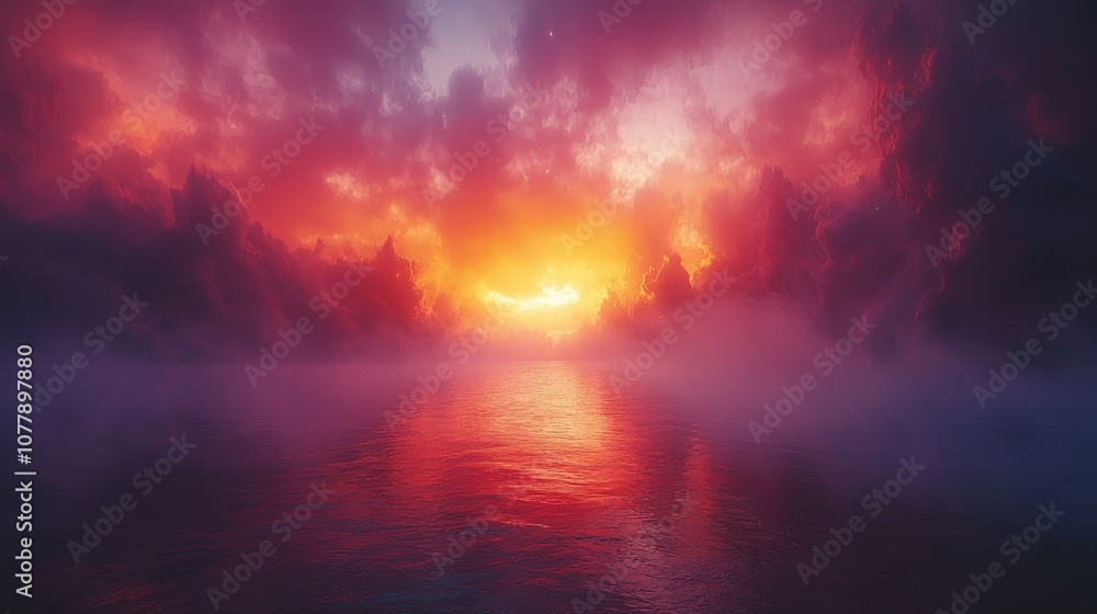 A vibrant sunset over a calm ocean, with dramatic clouds reflecting warm colors. A vibrant sunset over a calm ocean, with dramatic clouds reflecting warm colors.