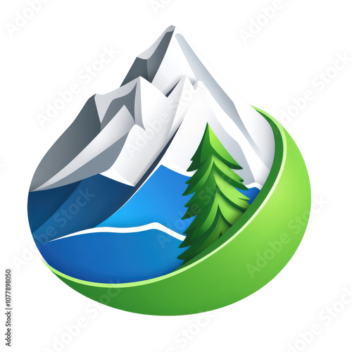 Minimalist vector illustration of a mountain landscape with snowy peaks, a pine tree, and a green circular frame, representing nature, outdoor adventure, and environmental themes photo