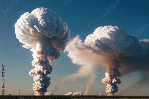 Atomic Explosions with Billowing Clouds Isolated Against a Clear Background photo