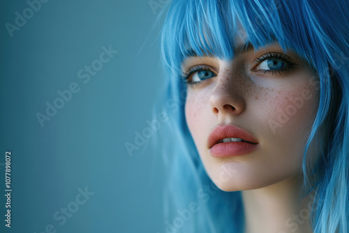 Close-up of doll with vivid blue hair, against a white background.