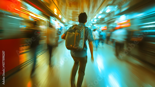 Cinematic high definition shot college student rushing towards closing metro door at rajiv chowk station, evening rush, motion blur. Cinematic. Illustration photo