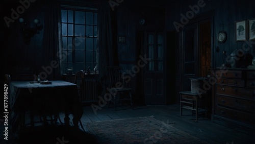 A dark, eerie house interior at night, illuminated only by faint moonlight streaming through a window photo