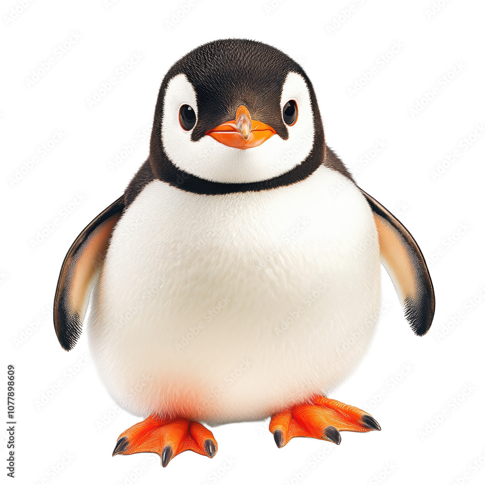 Fototapeta premium Cute penguin with round body and vibrant orange feet, standing proudly against transparent background. This charming bird captures attention with its playful demeanor