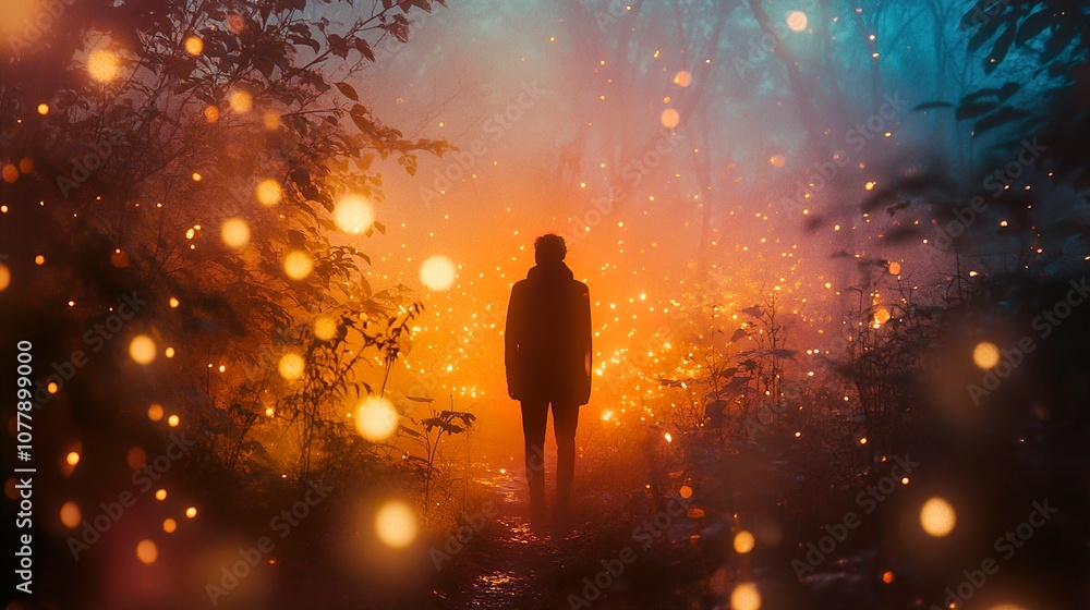 Mystical Forest Path: A Silhouette in Glowing Light Mystical Forest Path: A Silhouette in Glowing Light