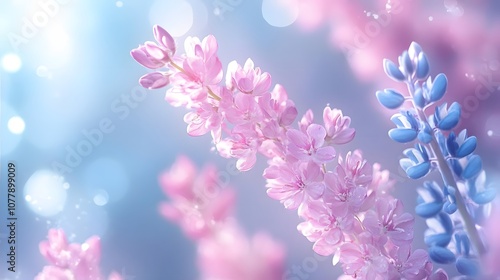 Delicate Pink and Blue Flowers with Soft Bokeh Background