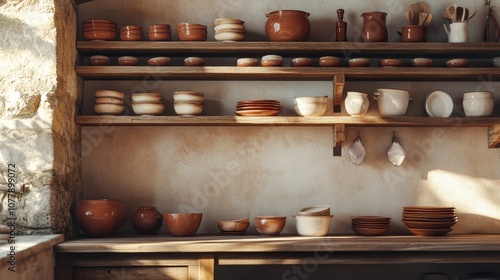 a traditional Navarrese kitchen setting with rustic wooden shelves and locally made earthenware, celebrating Day of Navarre, 