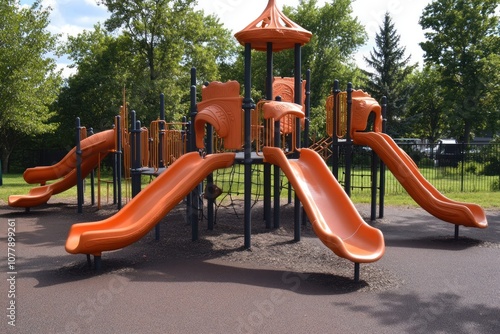 A colorful playground featuring orange slides and climbing structures in a green park setting.