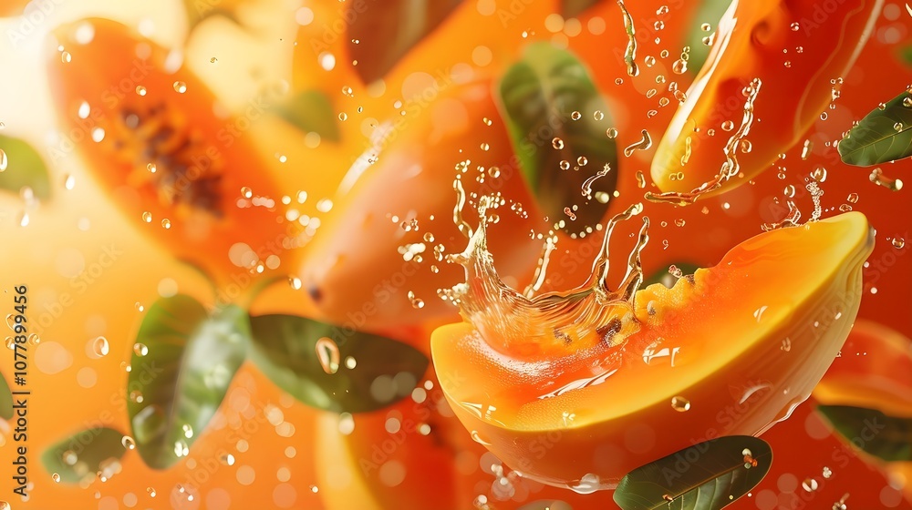 Fresh Papaya Splash with Green Leaves and Water Droplets Fresh Papaya Splash with Green Leaves and Water Droplets