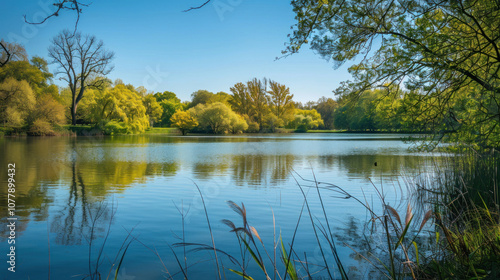 A tranquil lake on a clear day, the water undisturbed, creating a peaceful and relaxing atmosphere