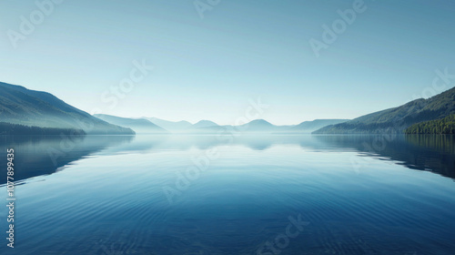 A tranquil lake on a clear day, the water undisturbed, creating a peaceful and relaxing atmosphere