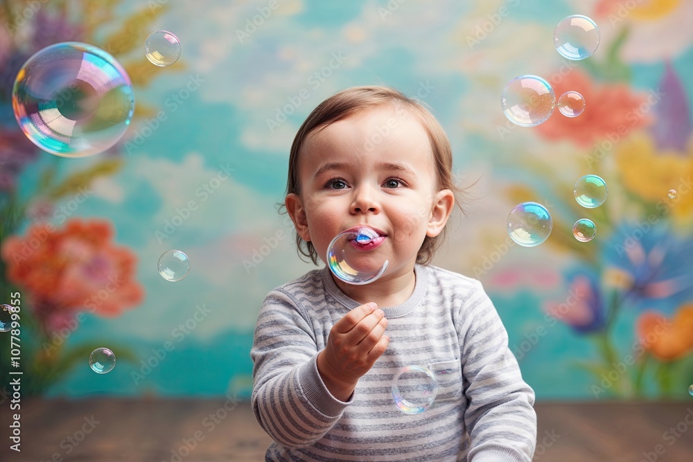 A Toddler Blowing Bubbles with Joy Against a Whimsical Background A Toddler Blowing Bubbles with Joy Against a Whimsical Background