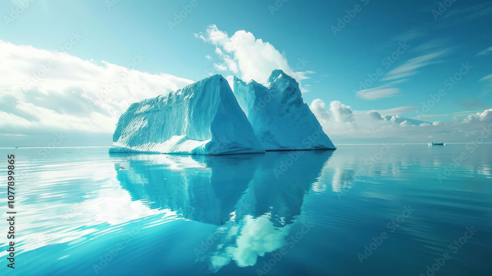 A tranquil lake with a massive iceberg slowly floating, the water reflecting its jagged edges in stunning detail A tranquil lake with a massive iceberg slowly floating, the water reflecting its jagged edges in stunning detail
