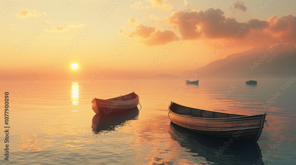 A tranquil lake with small wooden boats drifting lazily across the water, the sun setting in the background A tranquil lake with small wooden boats drifting lazily across the water, the sun setting in the background