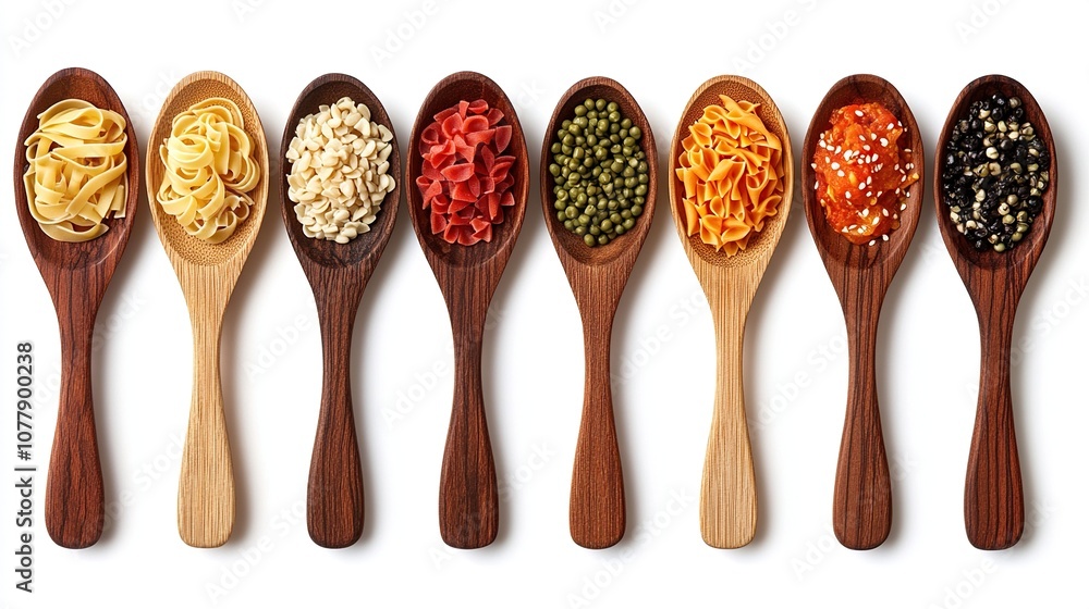 Fototapeta premium Variety of Pasta Shapes and Ingredients in Wooden Spoons