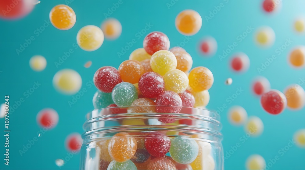 Colorful Gummy Candies Falling Into Glass Jar Colorful Gummy Candies Falling Into Glass Jar