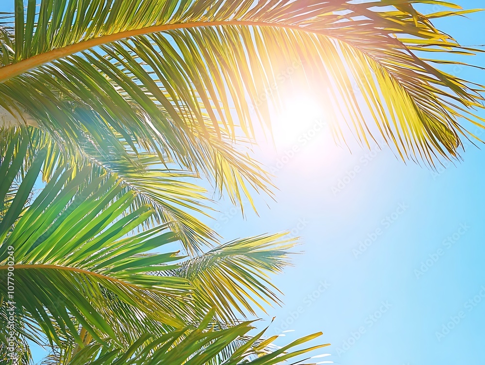 Blue sky and tall palm trees from a ground perspective with sunlight shining through creating a tropical and serene atmosphere. Blue sky and tall palm trees from a ground perspective with sunlight shining through creating a tropical and serene atmosphere.