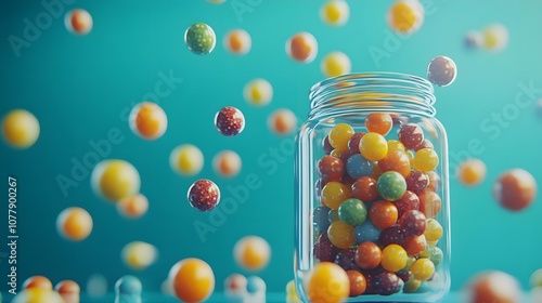 Colorful Gumballs in Glass Jar with Blue Background
