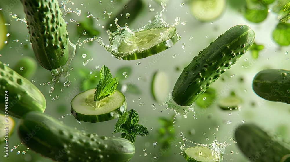 Fresh Cucumber Splashing in Water with Mint Leaves Fresh Cucumber Splashing in Water with Mint Leaves