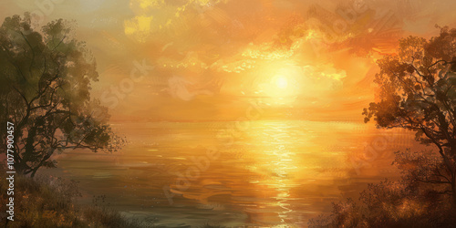 A tranquil scene with the sun setting on the horizon, casting golden light and creating a peaceful atmosphere.