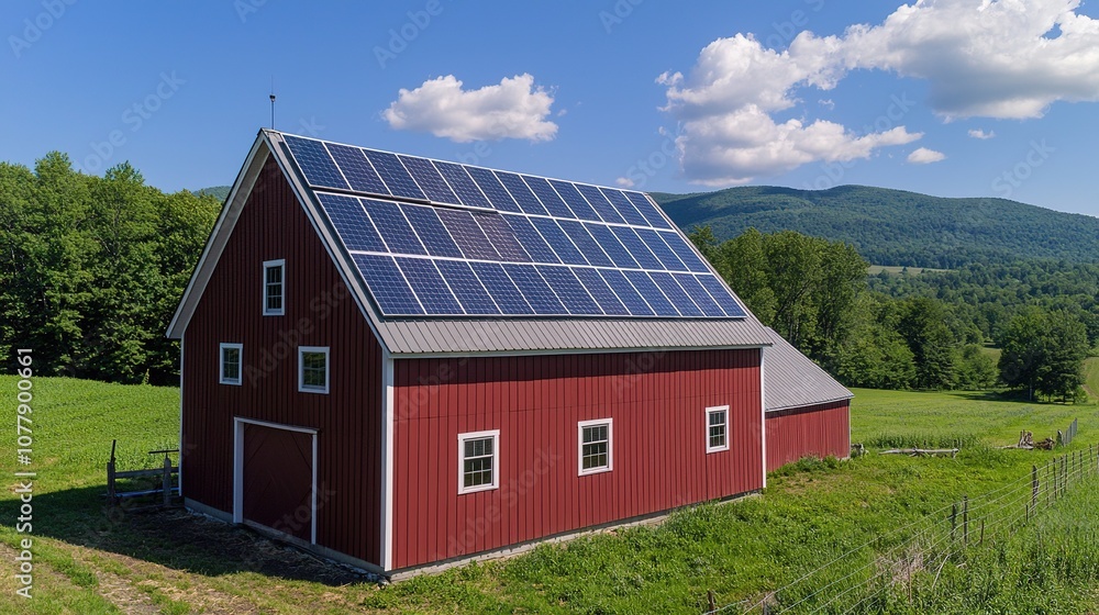 Fototapeta premium A farmer installing solar panels on a barn roof to supply clean energy for sustainable farm operations