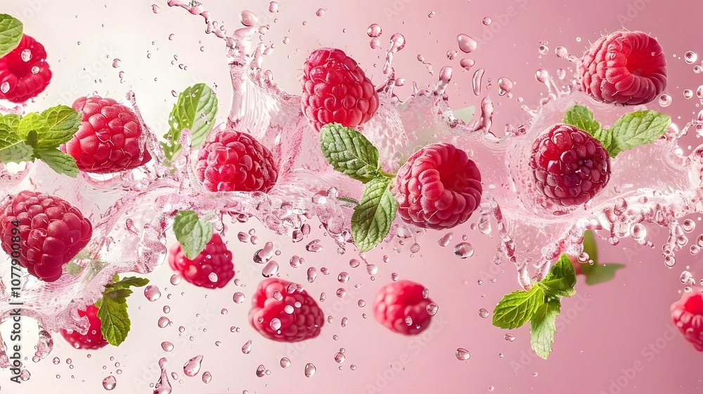 Fresh Raspberries Splashing in Water on Pink Background Fresh Raspberries Splashing in Water on Pink Background