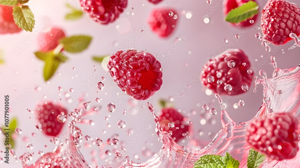 Fresh Raspberries Splashing in Water Pink Background Fresh Raspberries Splashing in Water Pink Background