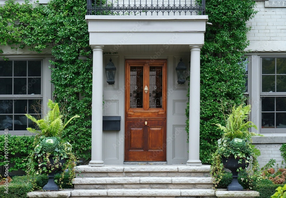 Φωτογραφία Vine covered house with portico entrance and elegant wood grain front door