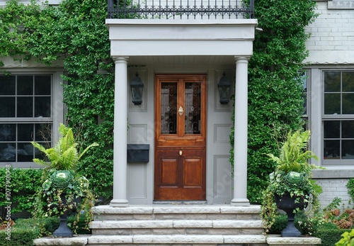 Foto Vine covered house with portico entrance and elegant wood grain front door