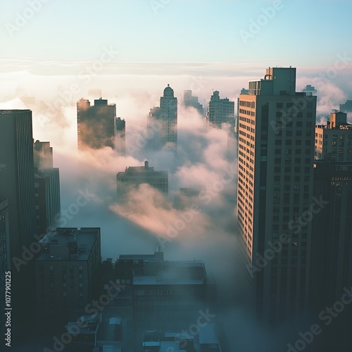 Fog in cities Qingdao city in the mist at night photo