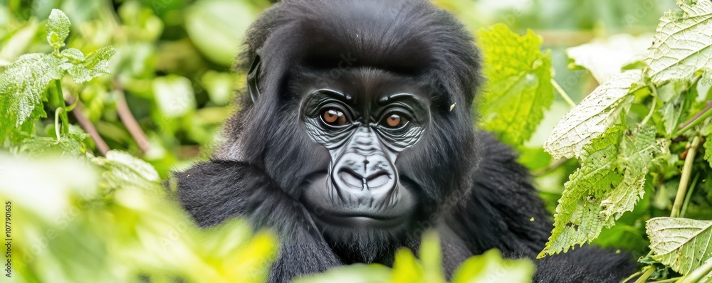 Fototapeta premium A close-up of a gorilla among green foliage, showcasing its expressive eyes and fur.