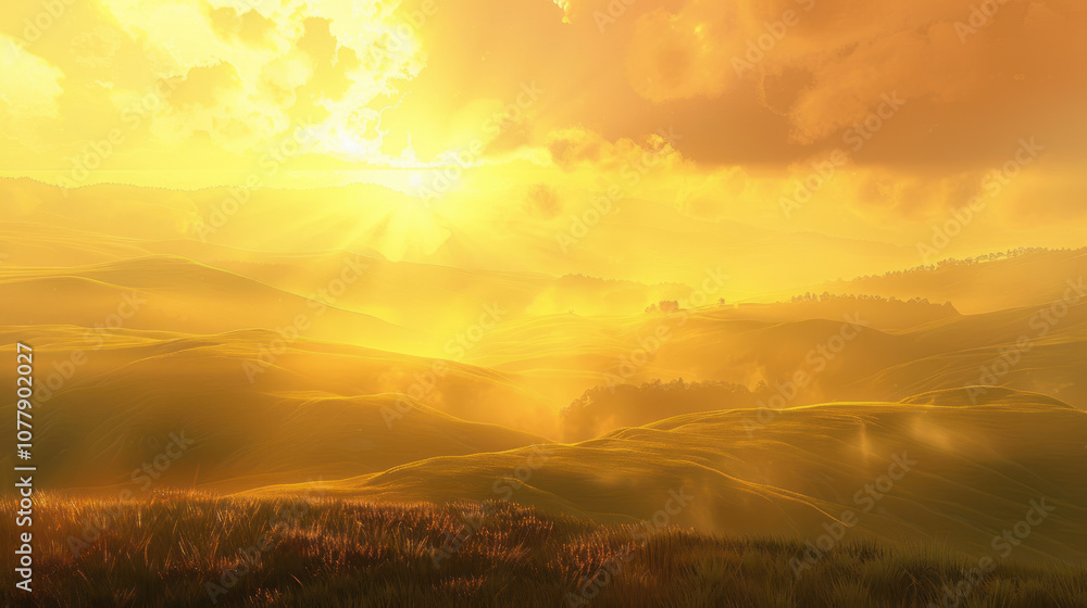 Obraz premium A vast natural landscape bathed in the soft light of sunrise, with rolling hills and golden rays spreading across the horizon.