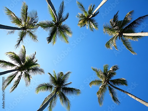 Blue sky and tall palm trees from a ground perspective with sunlight shining through creating a tropical and serene atmosphere.