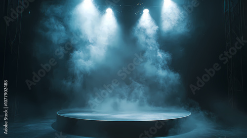 Empty theatre spotlights stage smoke dramatic cinematic fog background dark mockup scene podium illuminated spotlight dais effect theatrical. Cinematic. Illustration