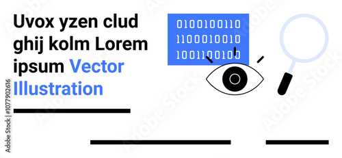 Magnifying glass examining binary code above an eye, black lines, lorem ipsum text in blue and black. Ideal for data analysis, cybersecurity, tech, research, education, programming, web development