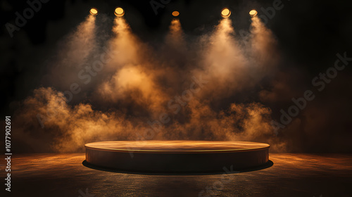 Empty theatre spotlights stage smoke dramatic cinematic fog background dark mockup scene podium illuminated spotlight dais effect theatrical. Cinematic. Illustration