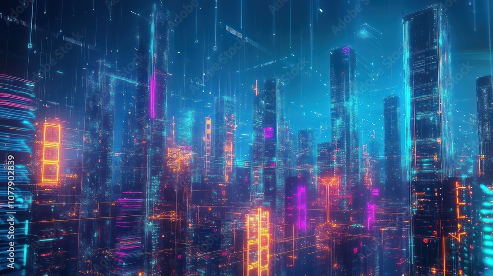 Fototapeta premium communication network, with glowing lines of light representing data transmission connecting various skyscrapers