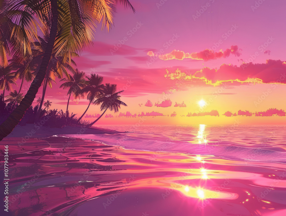 A vibrant sunset over a tropical beach, with the light reflecting on the water and illuminating the palm trees. A vibrant sunset over a tropical beach, with the light reflecting on the water and illuminating the palm trees.