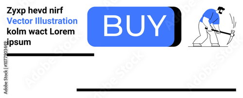 Large BUY button with worker holding pickaxe, text space, and decorative lines. Ideal for e-commerce, online shopping, purchasing, retail, call to action, conversion optimization, landing page