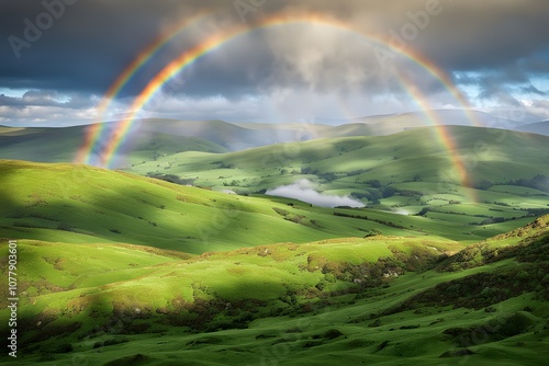 A magical irish landscape with green hills misty mountains and a rainbow stretching across the sky, AI Generated