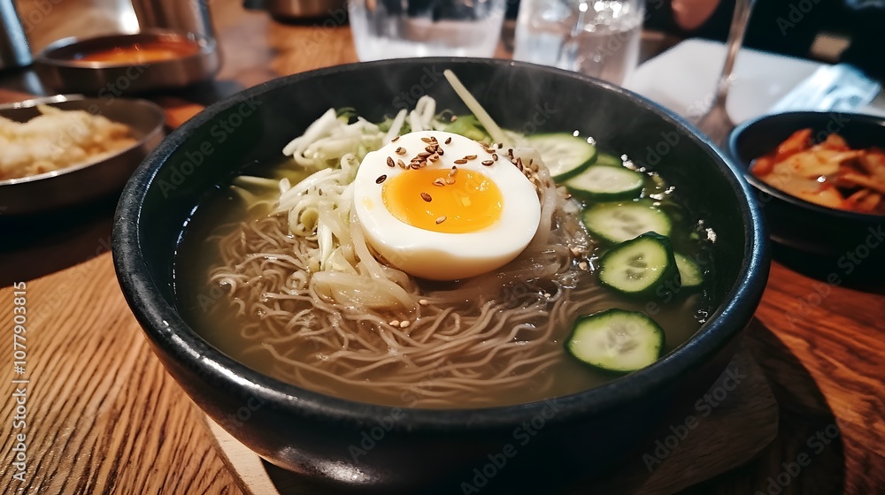 A bowl of naengmyeon, cold buckwheat noodles served in an icy broth with cucumber and boiled egg.
A bowl of naengmyeon, cold buckwheat noodles served in an icy broth with cucumber and boiled egg.