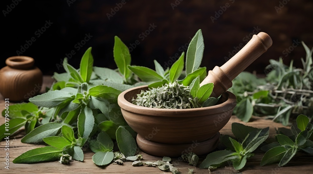 Green sage leaves and pestle in mortar on wooden table.generative.ai Green sage leaves and pestle in mortar on wooden table.generative.ai